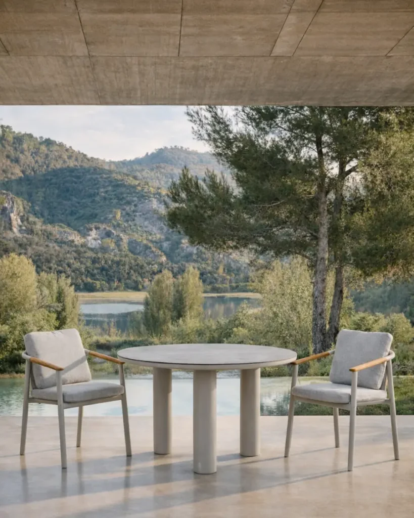 Mesa gris de porcelánico para exterior