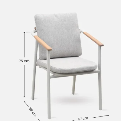 Silla de jardin gris de aluminio y detalles en madera de teca con cojines